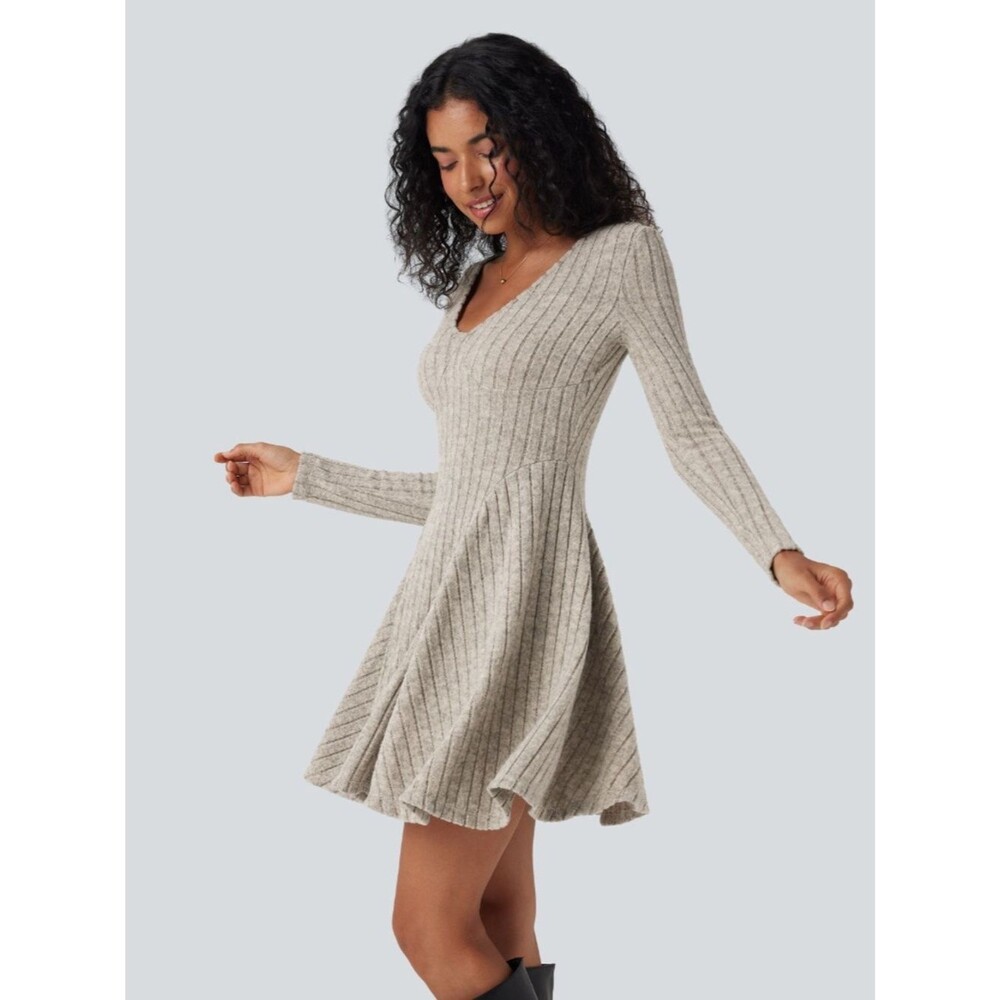 Halara Ribbed Flare Mini Dress Large Long Sleeve V Neck Stretch Warm Grey